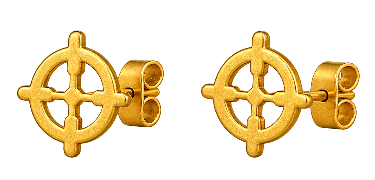 A pair of gold-toned stud earrings with a Celtic cross and circle motif, shown on a plain white background.